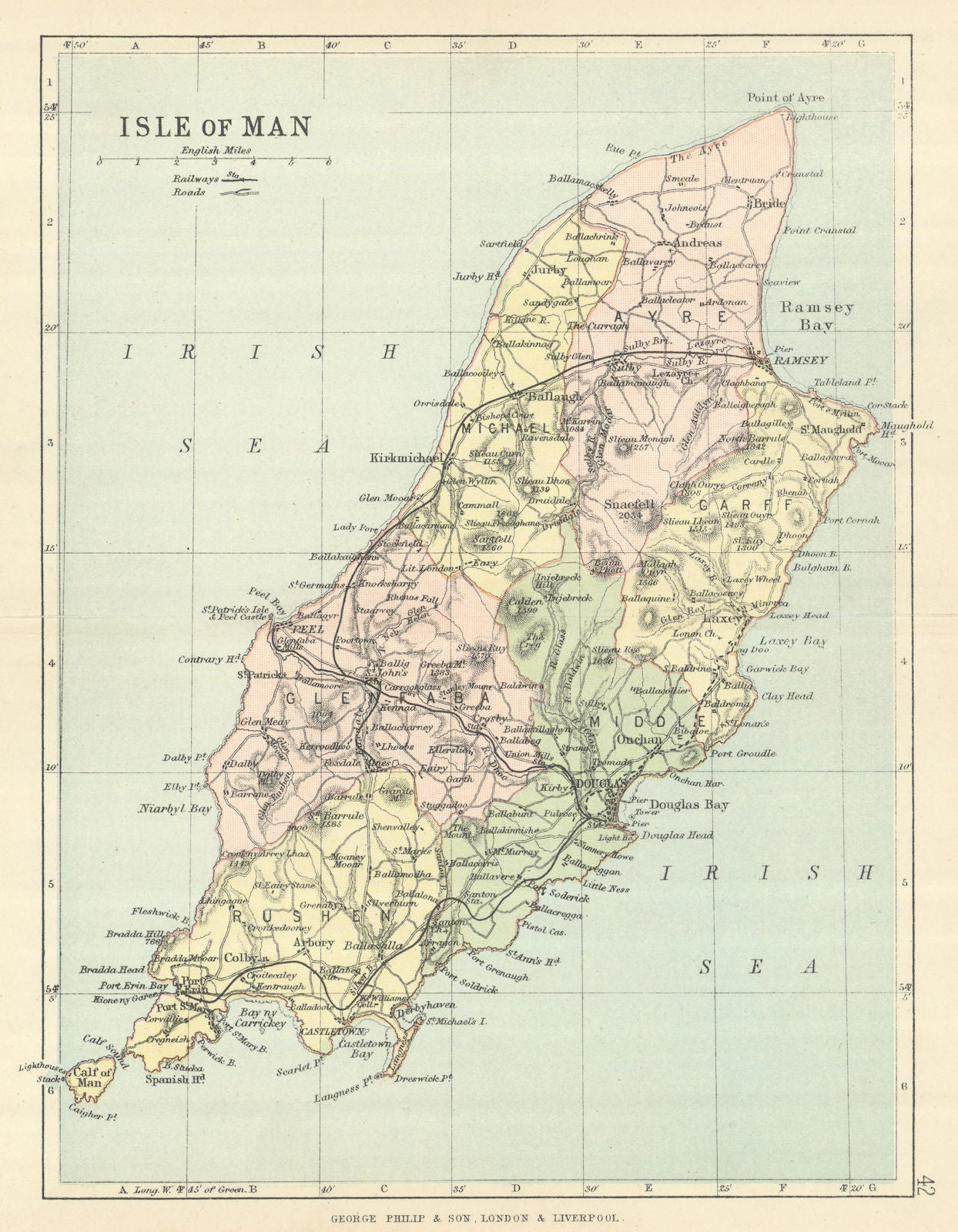 ISLE OF MAN. Antique map showing sheadings. Railways roads. PHILIP 1889